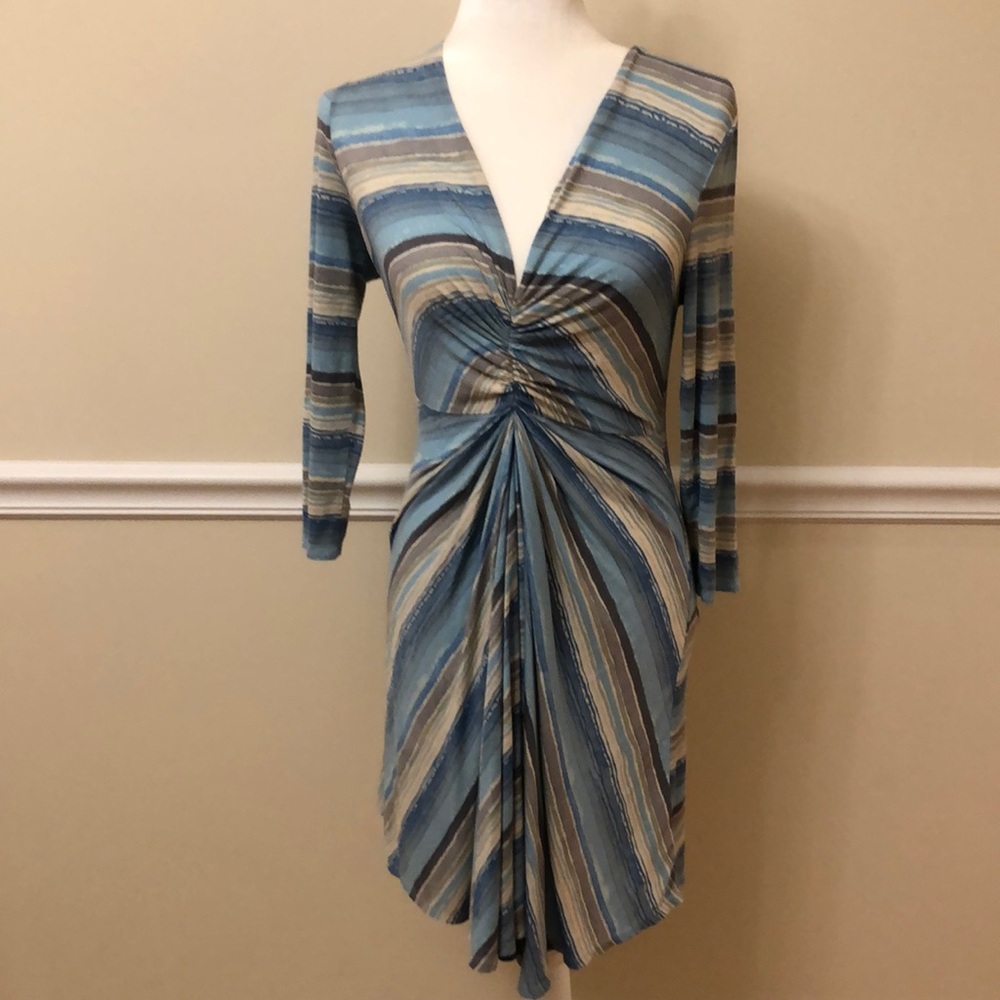 Christiane Celle Blue Midi Dress with 3/4 Sleeves and V-Neck Size Small EUC